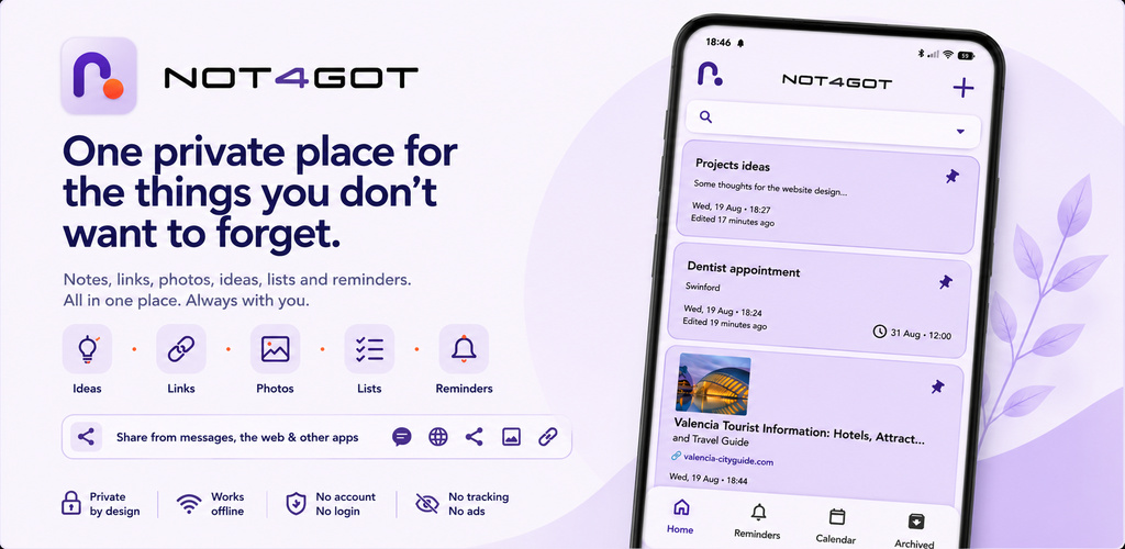 Not4got app showing private notes, links, photos, lists and reminders
